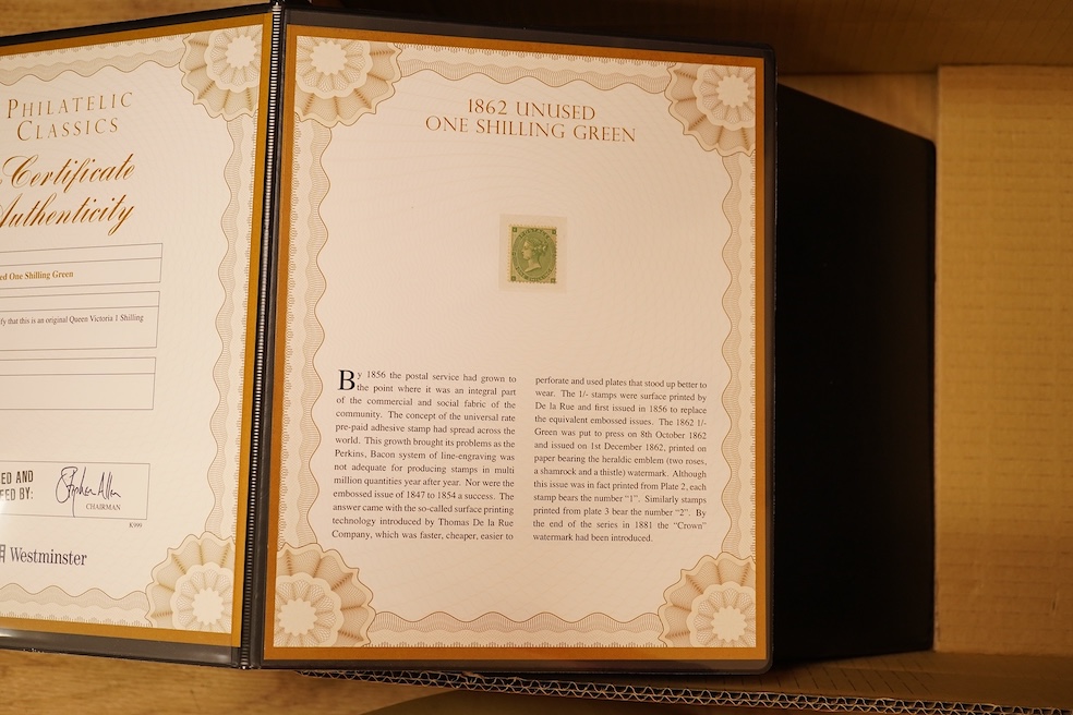 A large collection of stamps in Westminster Collection cases with certificates to include 1856 Queen Victoria 6d Lilac, 1884 10 Shilling ‘Cobalt Blue’ stamp, 1884 Victorian High Value Definitives (2s 6d, 5s, 10s), 1872-7